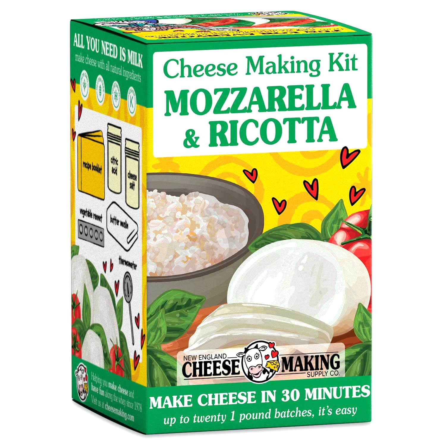 30 Minute Mozzarella & Ricotta Cheese Making Kit box featuring fresh cheese, easy steps, and ingredients for homemade cheese.