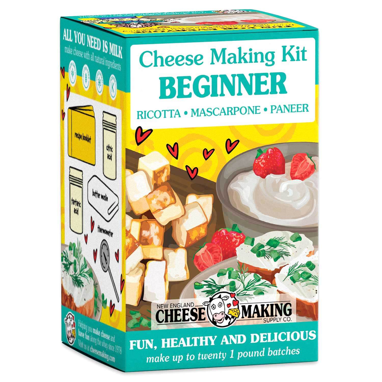 Beginner cheese making kit box with ingredients for Ricotta, Mascarpone, and Paneer, ideal for homemade cheese enthusiasts.