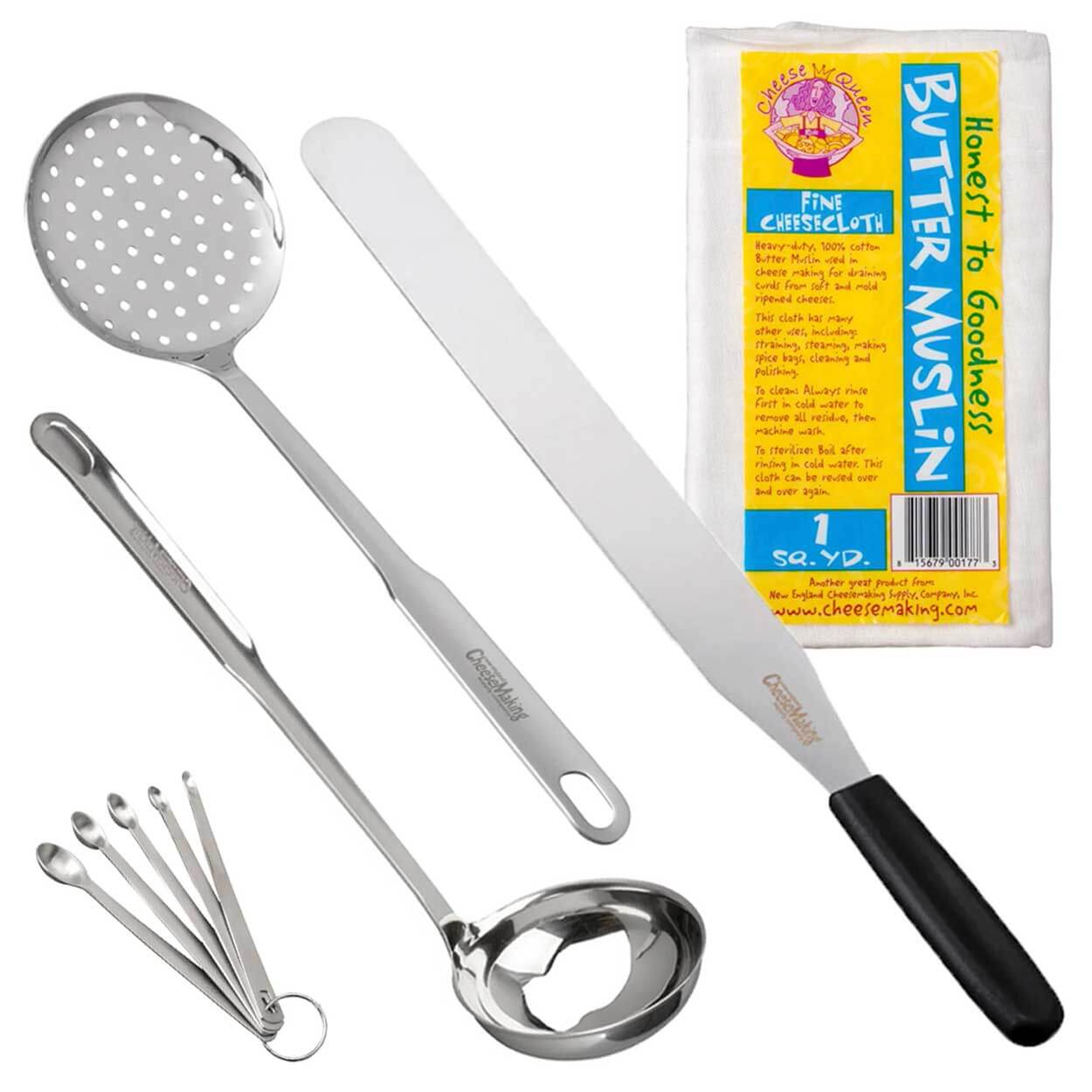 Cheese Making Equipment Bundle featuring ladle, spoon, slice knife, and cheesecloth for homemade cheese.