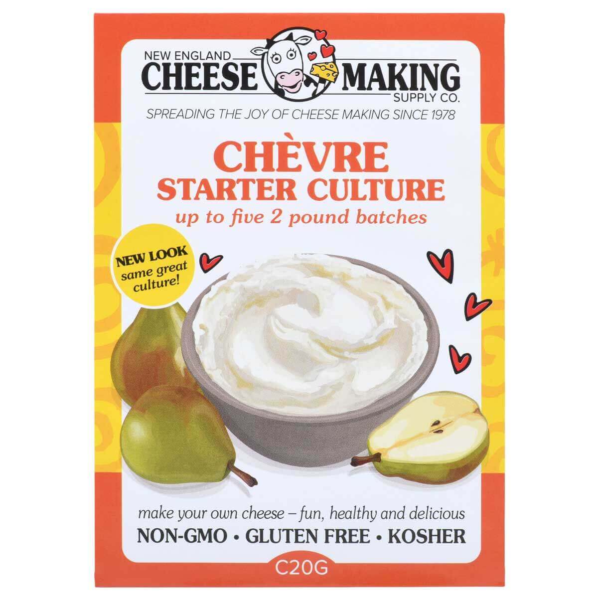 Chevre starter culture for making five batches of creamy goat cheese, featuring a bowl of cheese and pears, non-GMO, kosher and gluten-free.