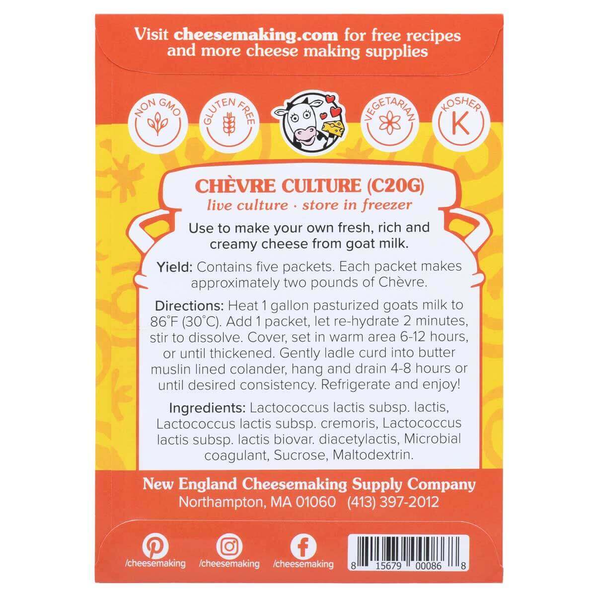 Chevre starter culture package for making creamy goat cheese, includes five packets and easy instructions for cheese makers.