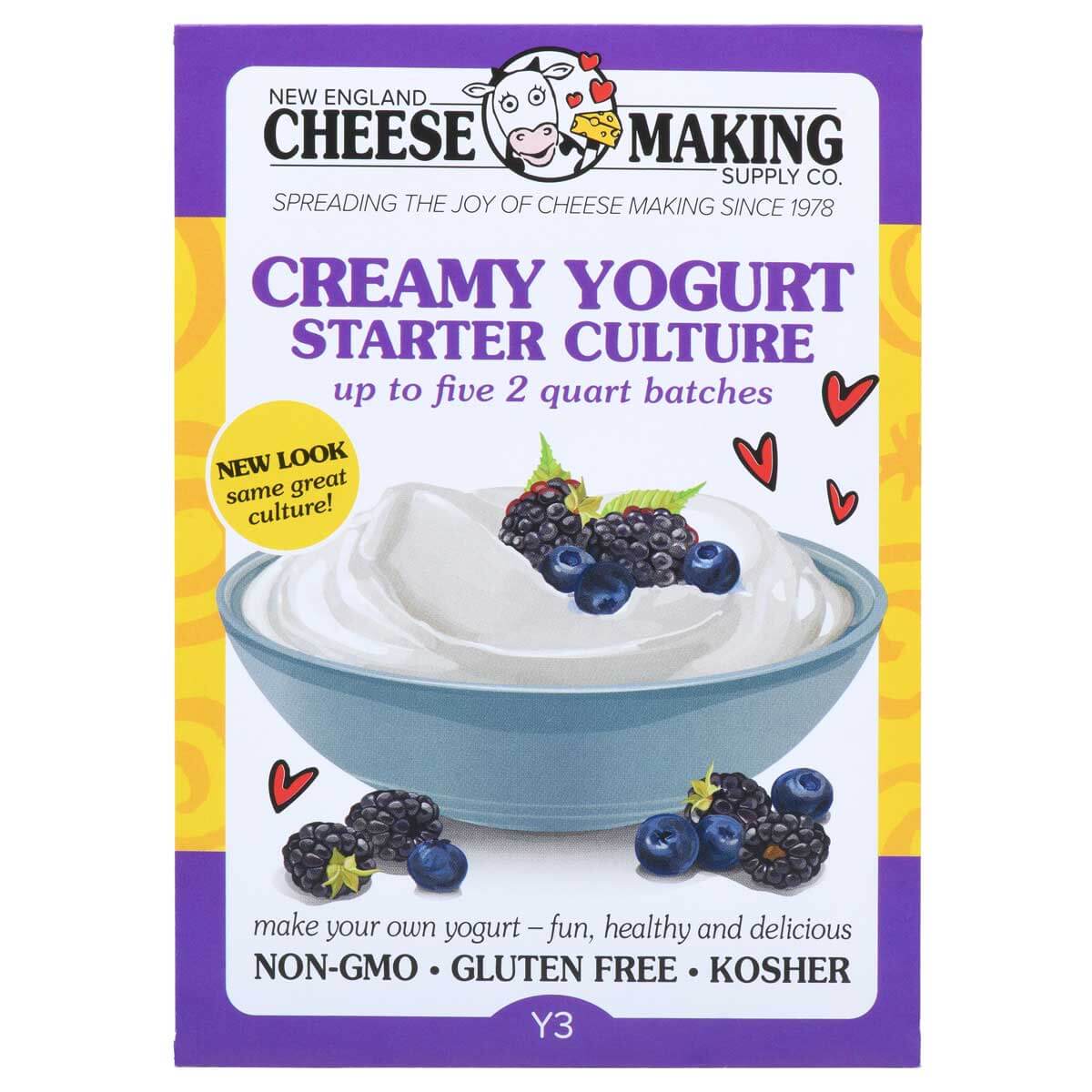 Creamy yogurt starter culture featuring a bowl of yogurt topped with berries, promotes homemade yogurt making.