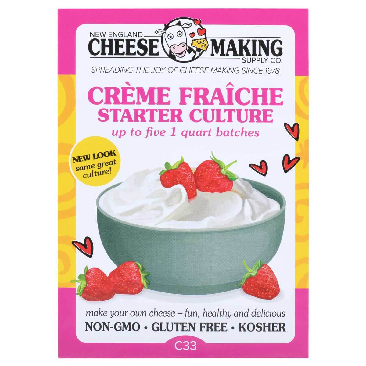 Creme Fraiche Starter Culture package with strawberries, ideal for making cultured cream. Non-GMO, gluten-free, kosher.