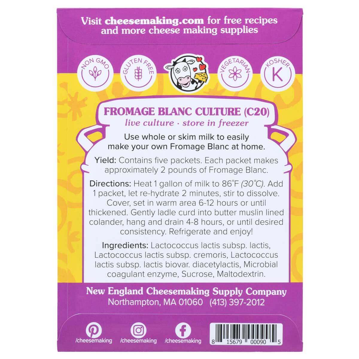 Fromage Blanc starter culture package detailing ingredients and preparation for homemade cheese making.
