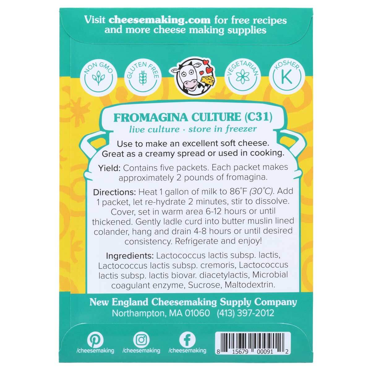 Fromagina starter culture package for making soft cheese, featuring instructions and ingredients for cheese making.