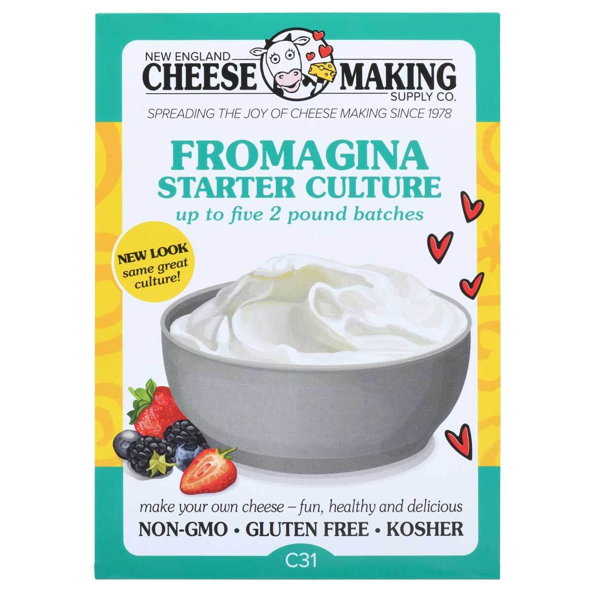 Fromagina starter culture package featuring creamy cheese with fruit, ideal for homemade cheese enthusiasts.