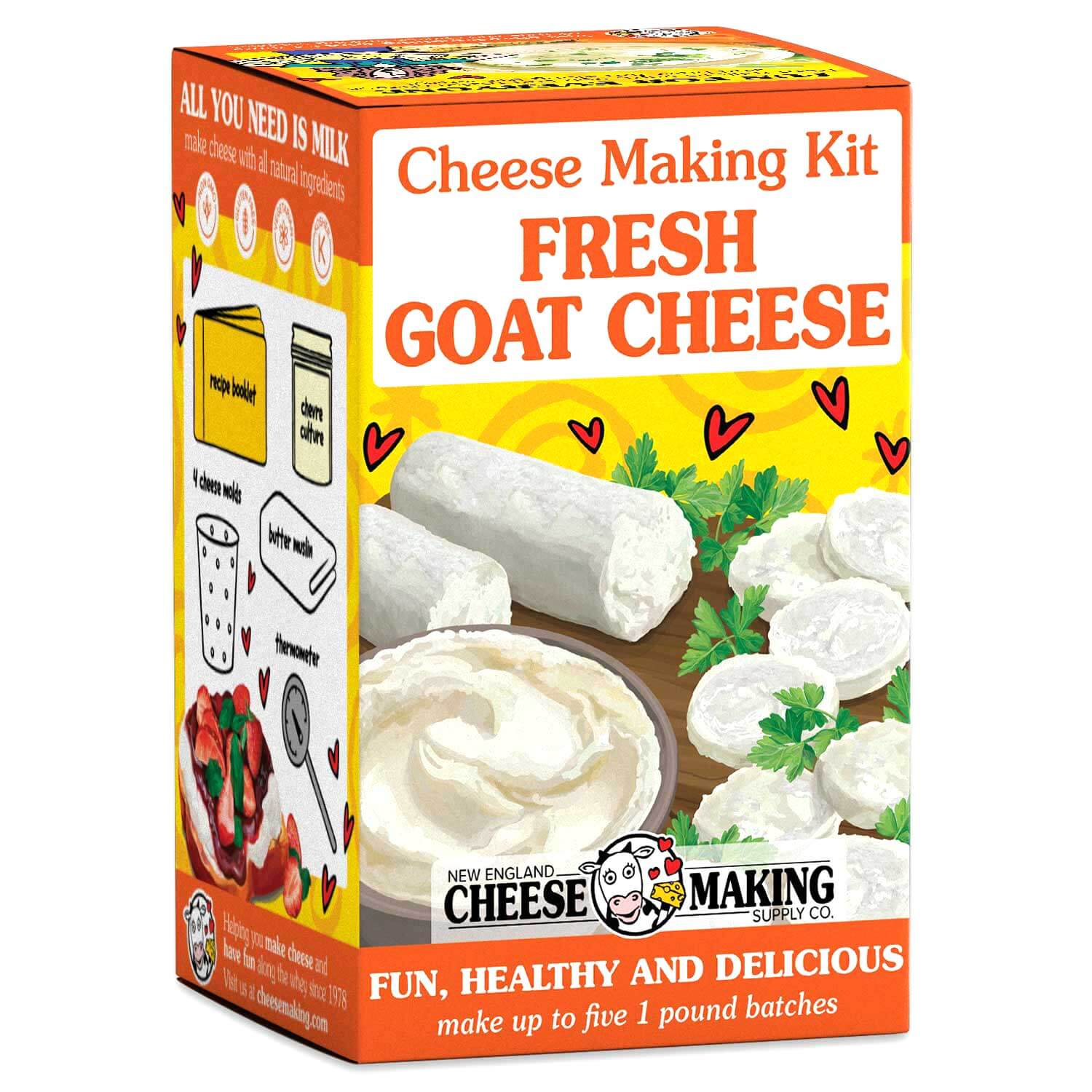Goat cheese making kit packaging showing fresh goat cheese, perfect for beginners to create homemade chevre.
