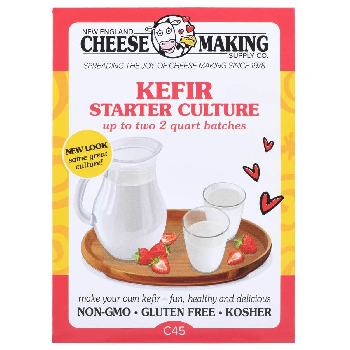 Kefir Starter Culture package featuring a pitcher and cups on a tray. Non-GMO, gluten-free, and kosher.