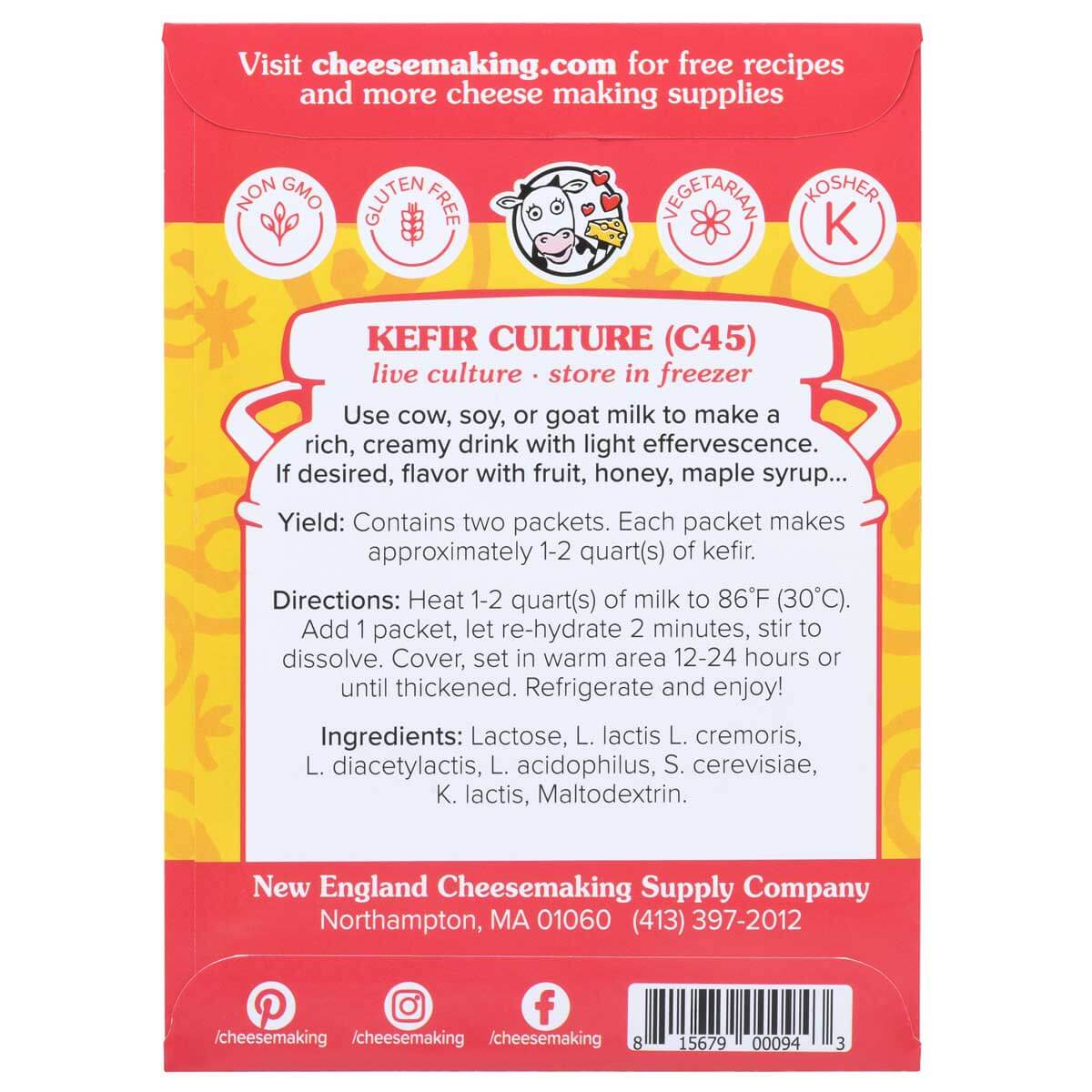 Kefir Starter Culture packaging with directions, ingredients, and usage instructions for making kefir drinks.
