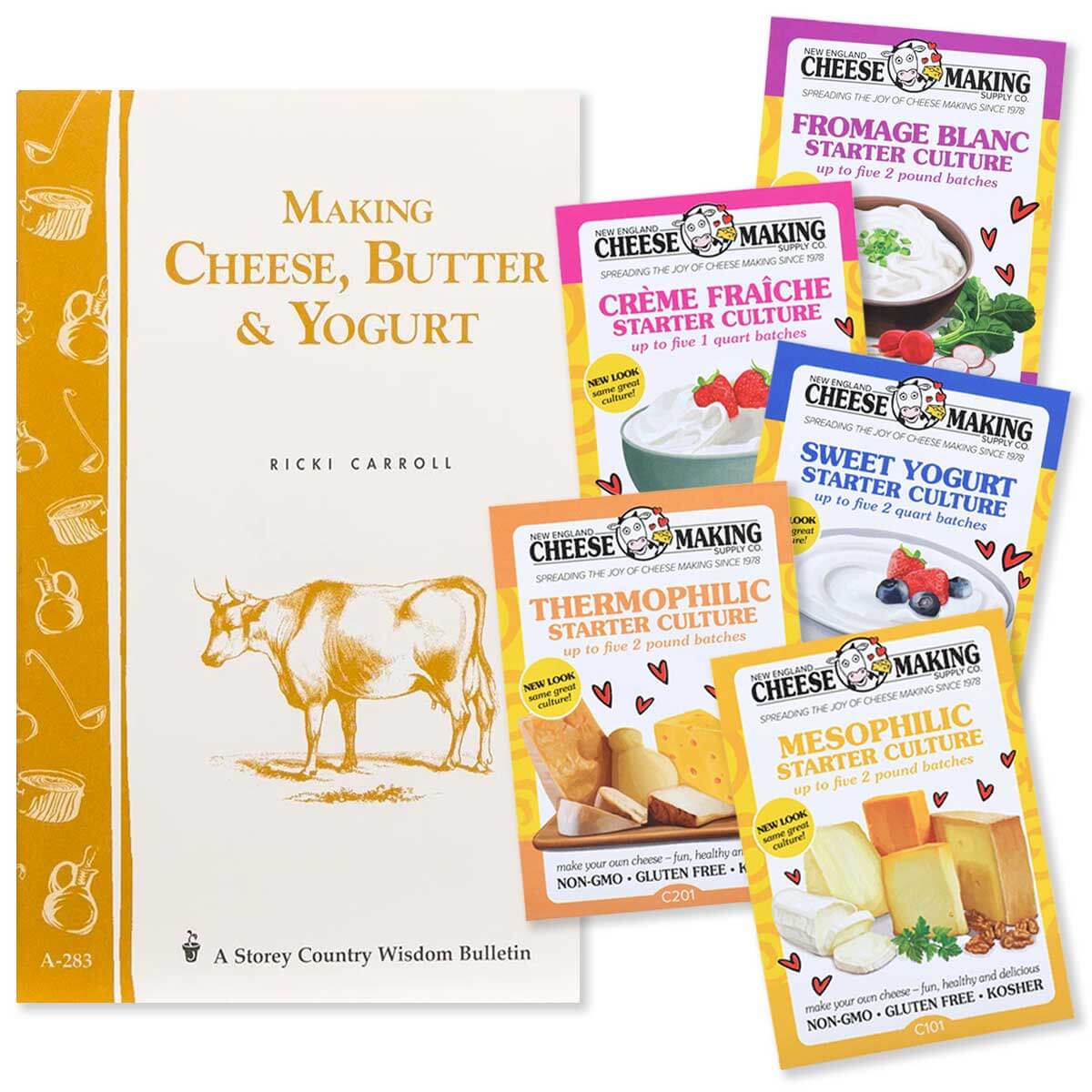 Making Cheese Butter & Yogurt kit with recipe book and five starter cultures for homemade cheese.