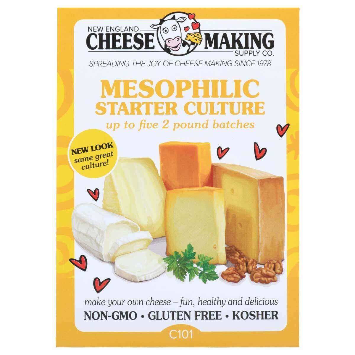 Mesophilic Starter Culture for cheese making; makes up to five 2-pound batches; gluten free, non-GMO, and kosher.