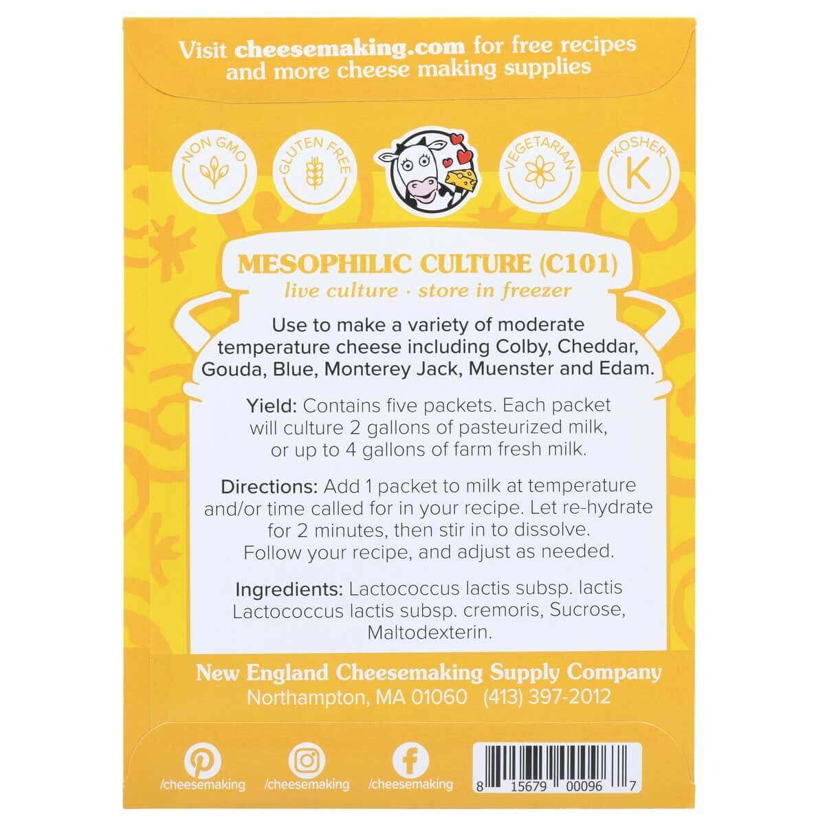 Back of Mesophilic Starter Culture package detailing usage for cheese making and included ingredients.