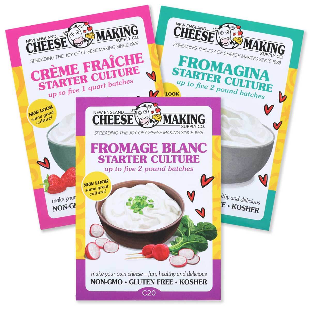 Soft cheese sample pack with three starter cultures for making crème fraîche, fromagina, and fromage blanc at home.