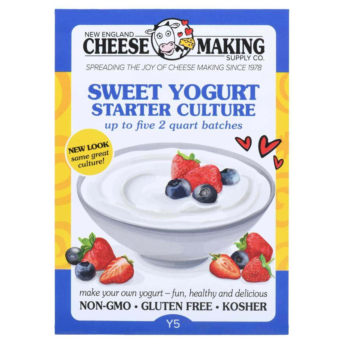 Sweet yogurt starter culture with bowl of yogurt topped with berries, perfect for making homemade yogurt.
