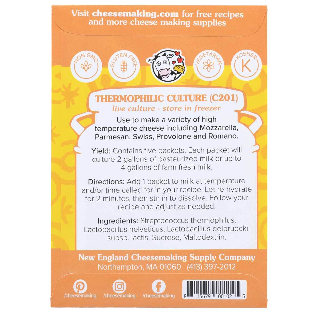 Thermophilic starter culture packaging for cheese making, includes five packets for high-temp cheese varieties.