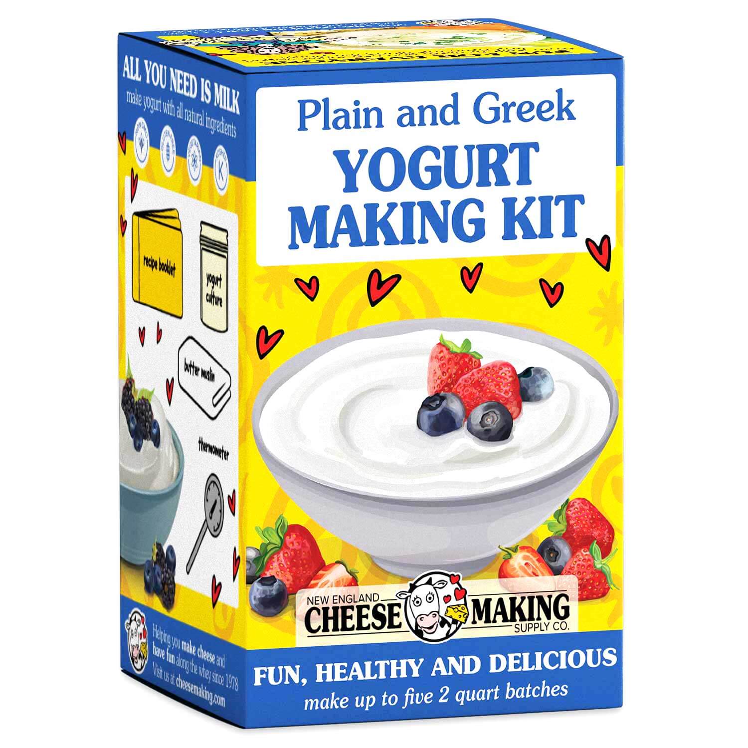 Yogurt Making Kit for plain and Greek yogurt, includes essentials for making five 2-quart batches at home.