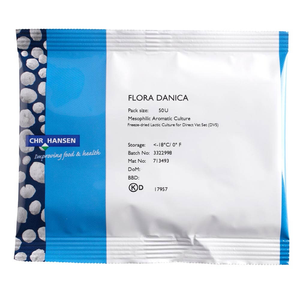 Flora Danica mesophilic cheese culture packet by Chr Hansen, ideal for making a variety of cheese including Brie, Feta, Gouda and more.