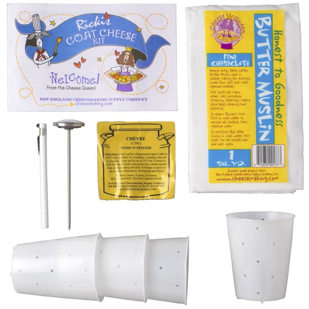 Goat cheese making kit including molds, cheesecloth, and instructions for homemade chevre.