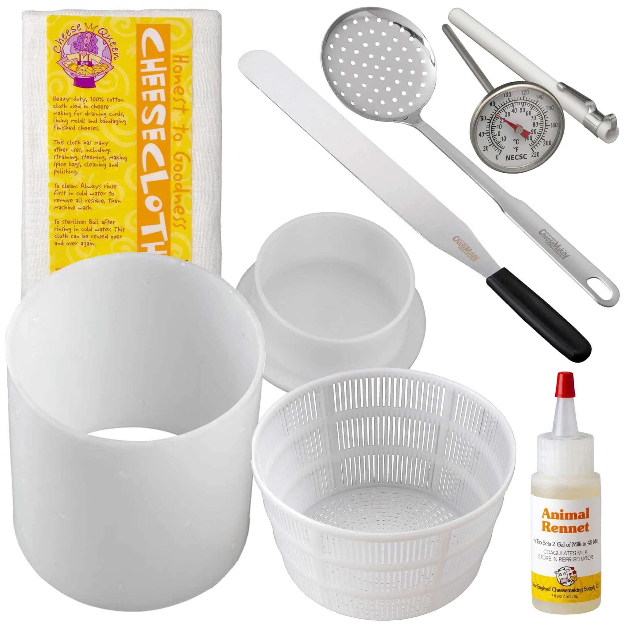 Homesteading Family Bundle components for homemade cheese: cheesecloth, thermometer, curd knife, skimmer, molds, and rennet.