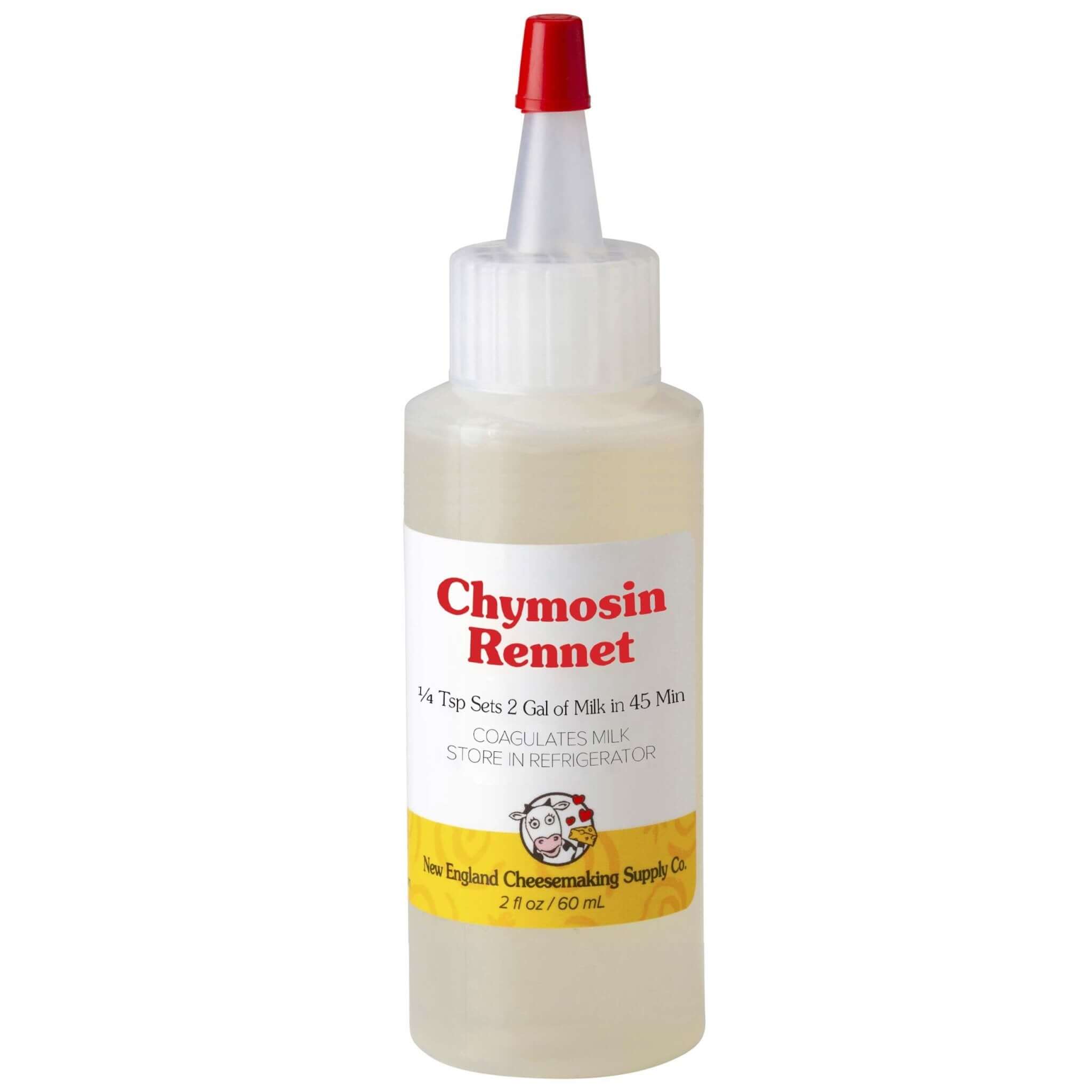Liquid Chymosin Rennet bottle for cheese making, non-GMO, gluten-free, easy to use for all cheese types.