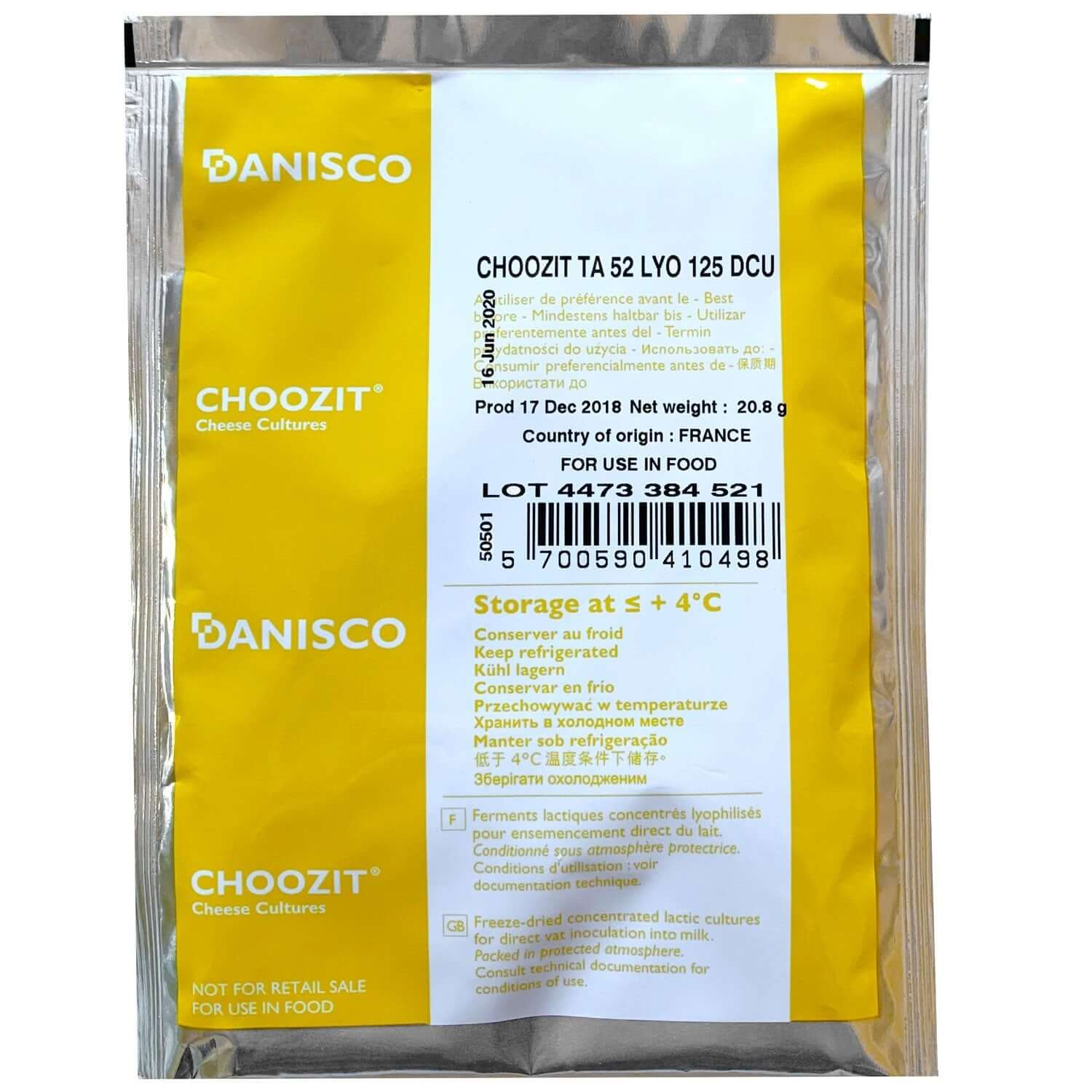 Danisco TA 52 Thermophilic Starter Culture package for cheese, ideal for Muenster and other semi-hard cheeses.