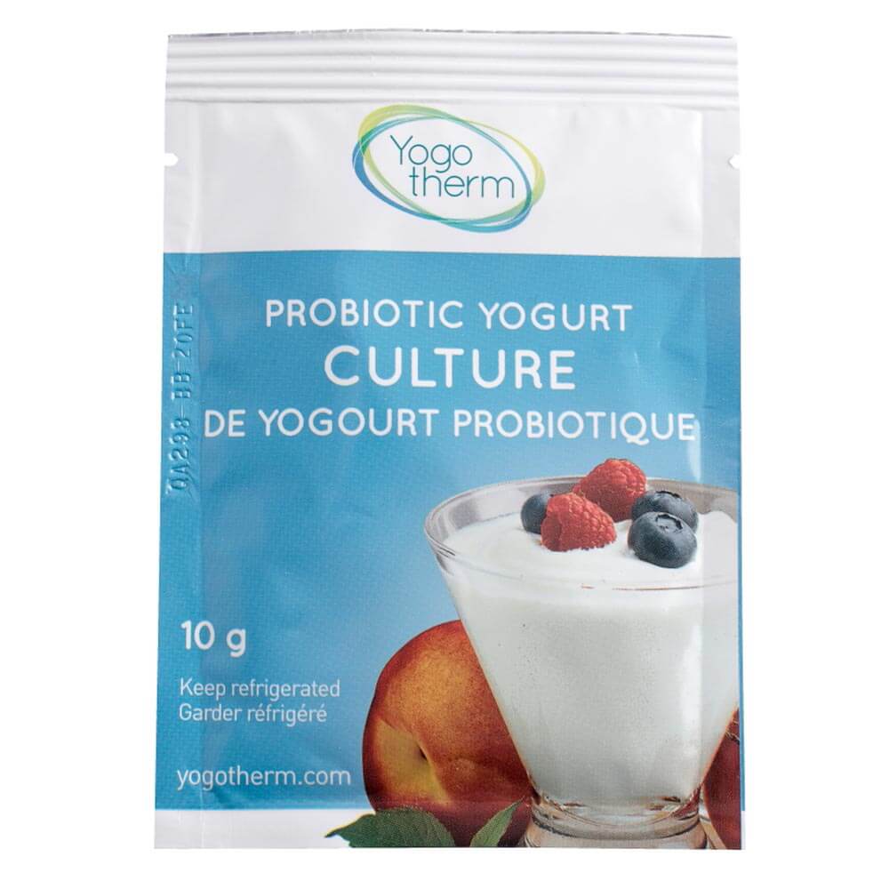 Yogurt starter culture packet with a delicious yogurt dessert featuring berries on the label, perfect for homemade probiotic yogurt.
