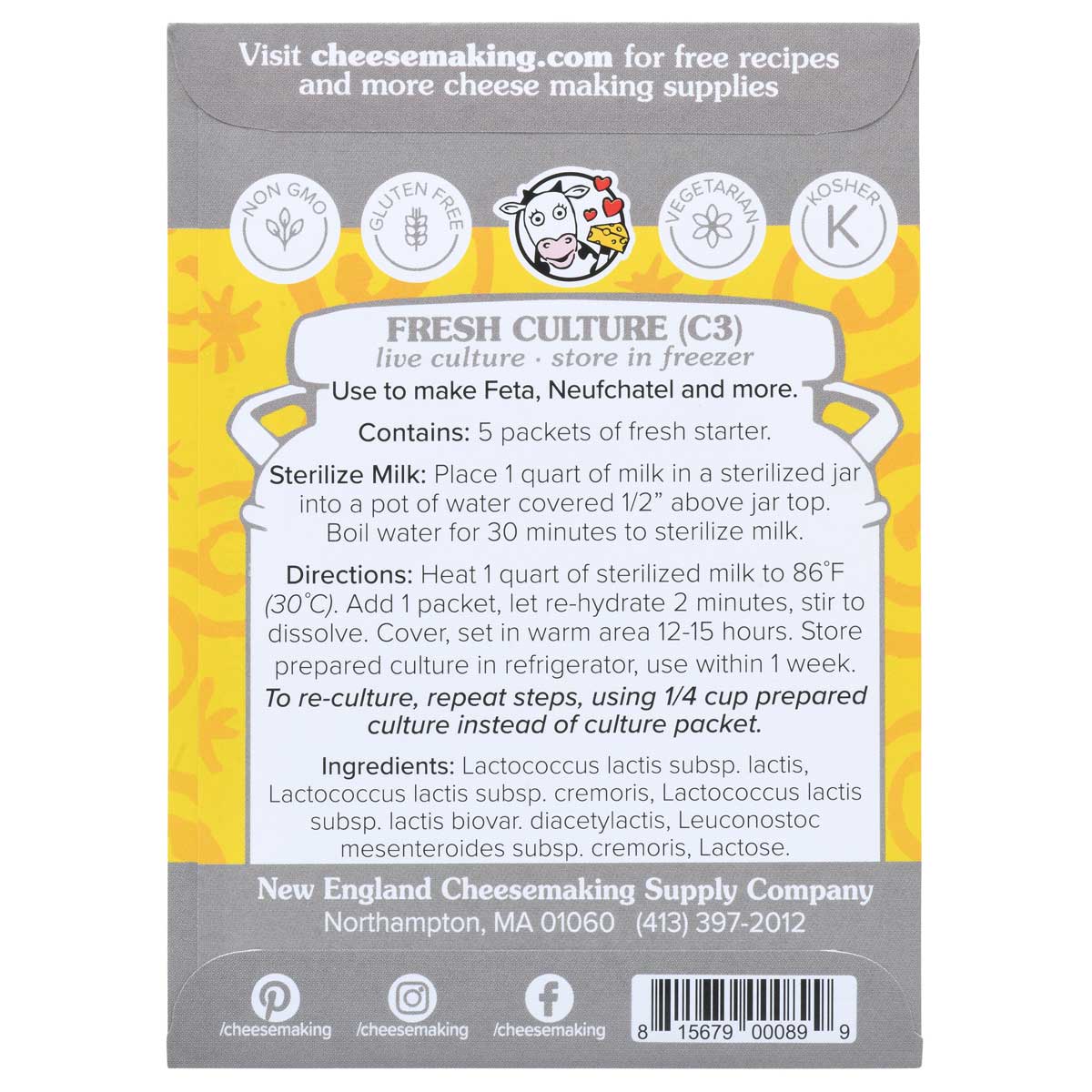 Fresh starter culture for cheese making; includes instructions for creating soft cheese like Cottage Cheese and Neufchatel.
