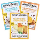 Hard cheese starter cultures sample pack, including Buttermilk, Thermophilic, and Mesophilic for home cheese making.