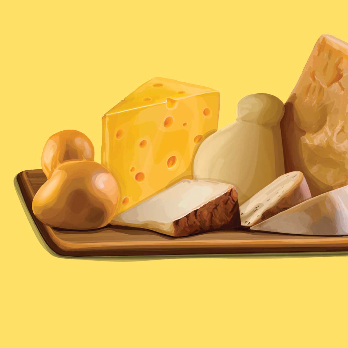 A variety of homemade cheese on a cutting board, including provolne, swiss and cheddar.