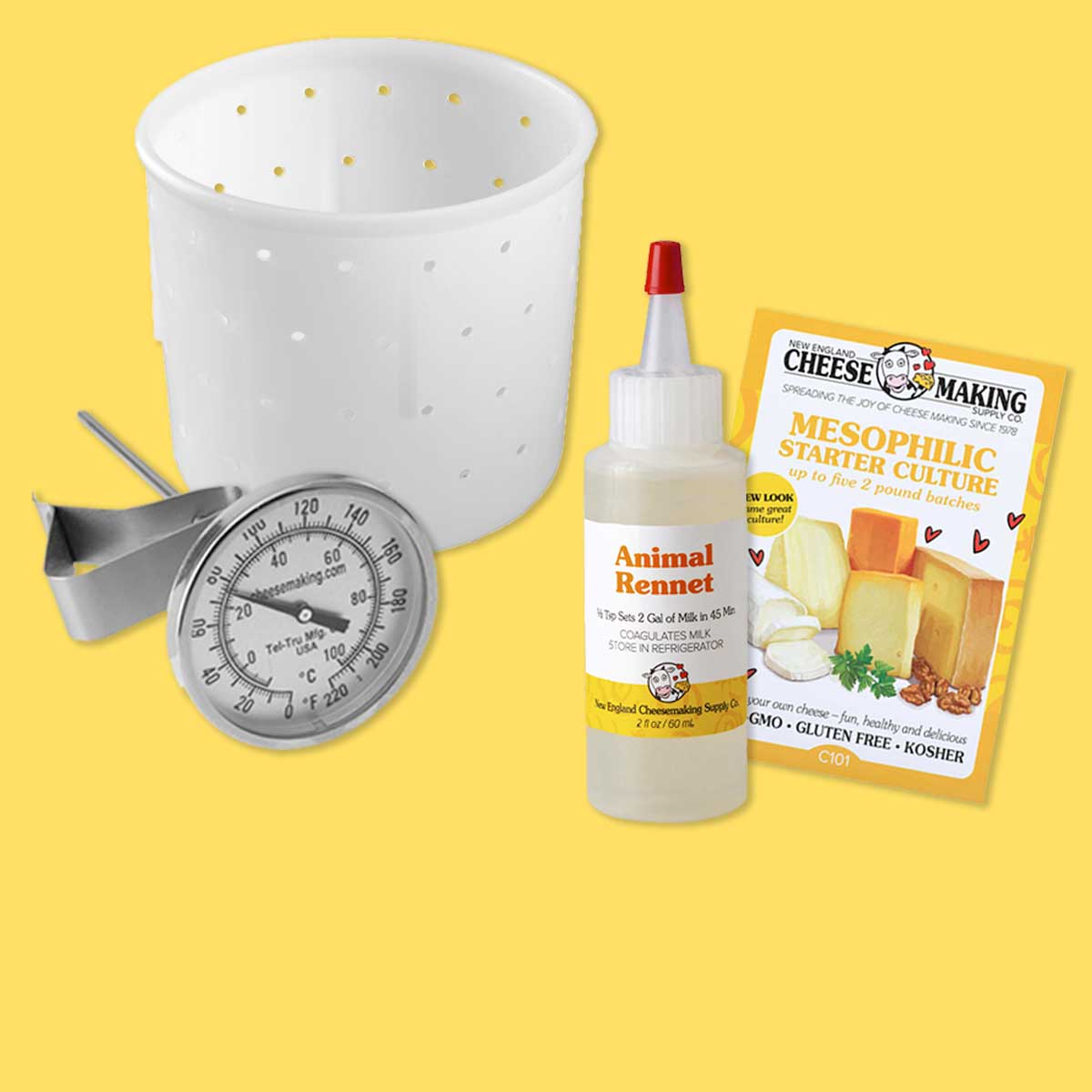 Small cheese mold, stainless steel thermometer, bottle of liquid rennet and mesophilic culture for making cheese at home