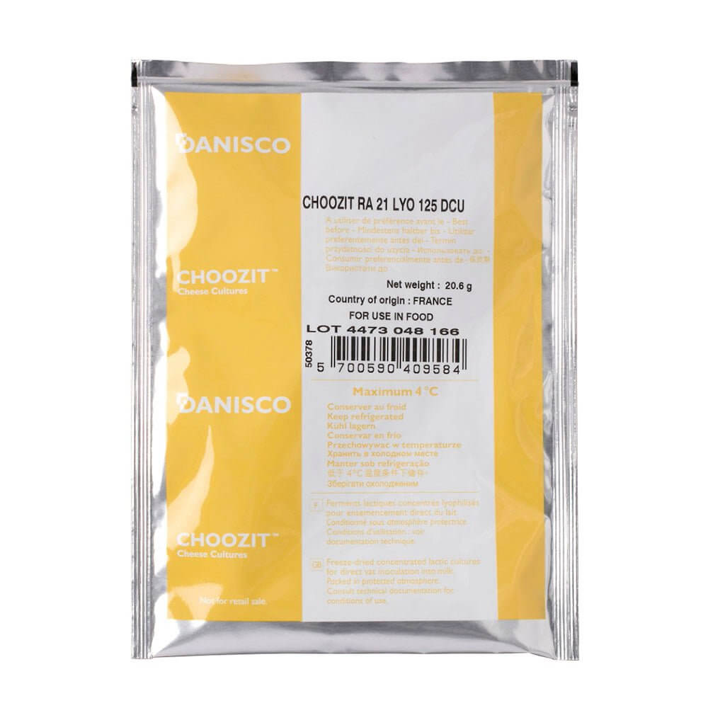RA 21 Mesophilic and Thermophilic starter culture for cheese making, 20.6g packet, enhances flavor in cheddar and semi-hard cheese.